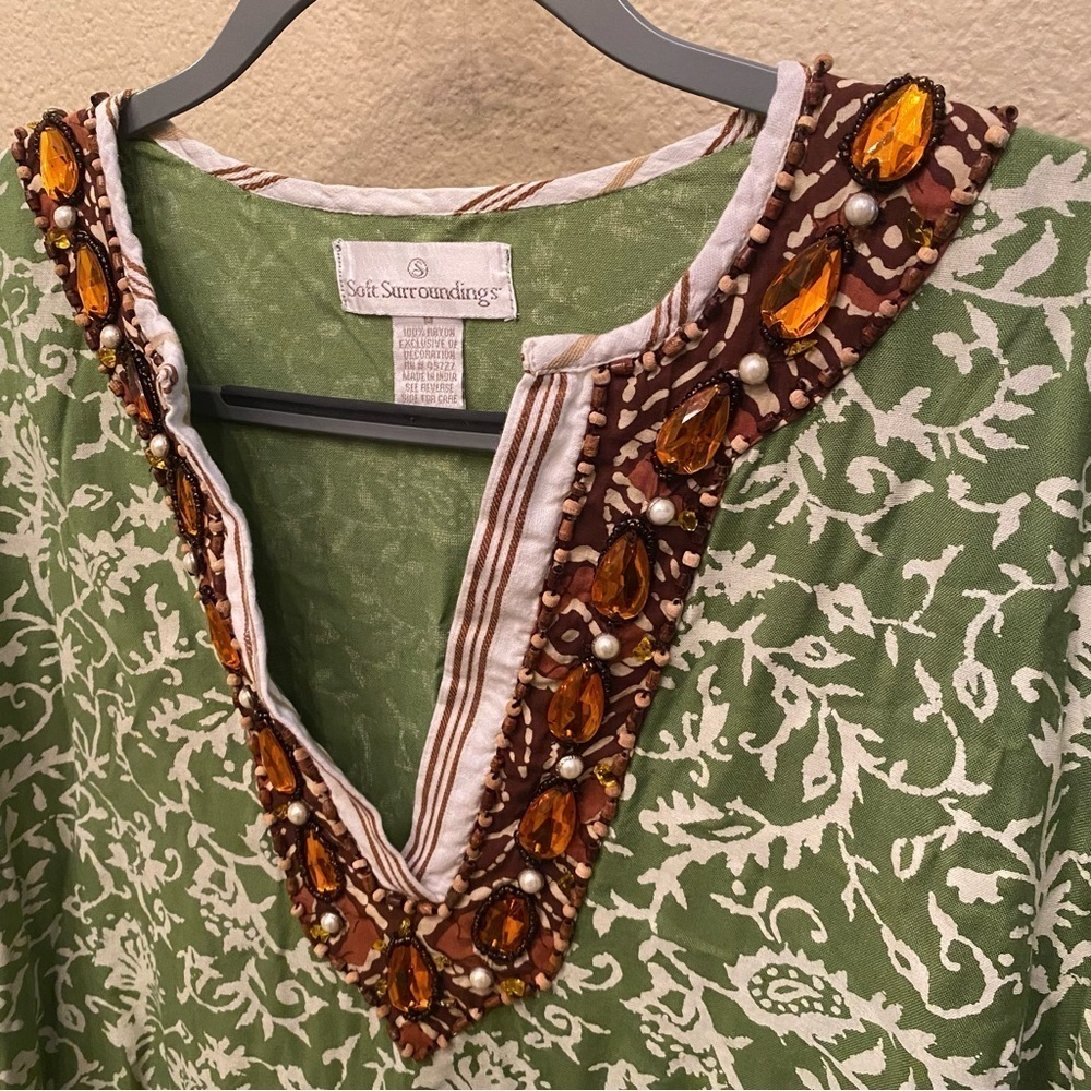 Vtg SOFT SURROUNDINGS Green White Jewel Beads Kaftan Maxi Dress Size Medium - Picture 3 of 8